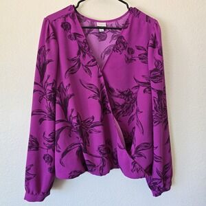 A New Day Floral Puff Sleeve‎ Faux Wrap Top Women's Plus 2XL Pink Purple Dressy